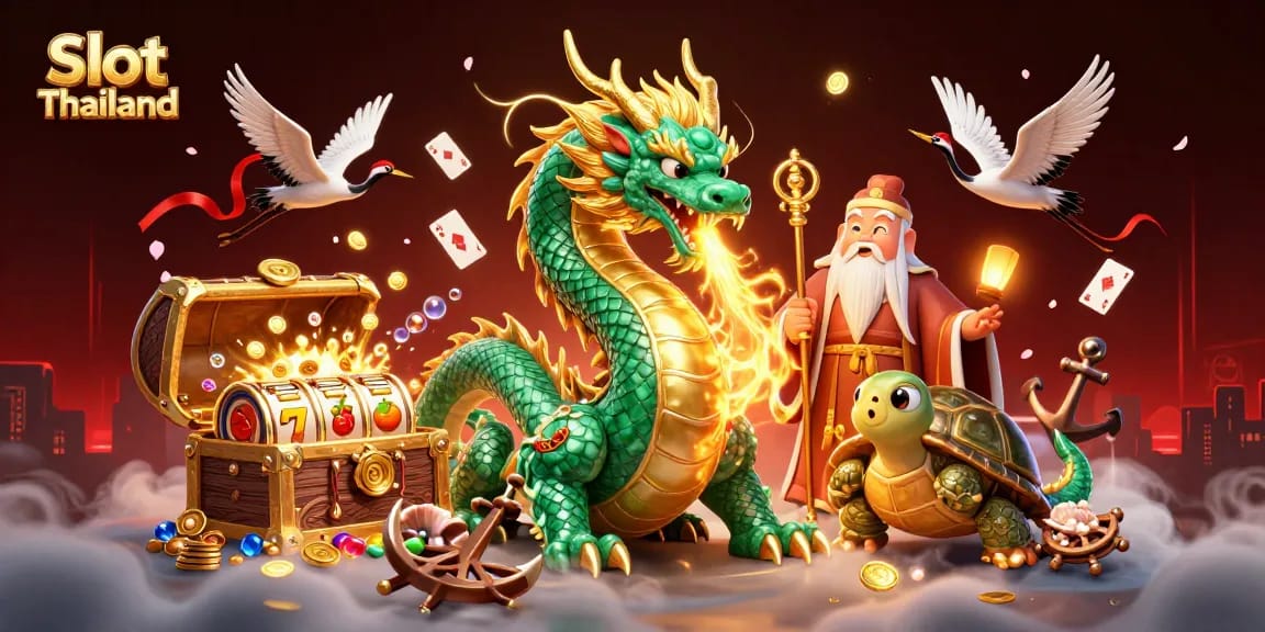 Mainkan Slot Thailand dengan naga jade, kura-kura, dan pangsa beruntung dalam ilustrasi menawan.