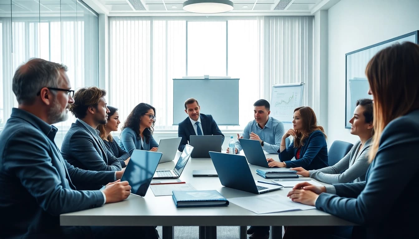 Discussing contracts and grants in a modern meeting room with diverse professionals.