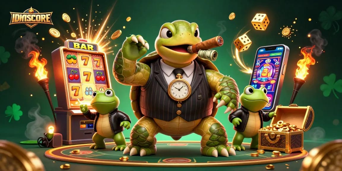 IDNSCORE slot gaming scene highlighting the massive turtle in a mobster suit surrounded by winning game elements.
