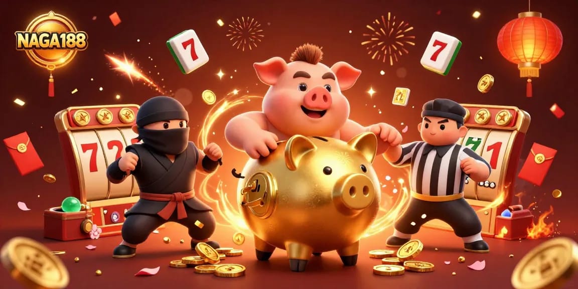 NAGA188 menampilkan pertempuran antara pegulat bank piggy emas dan ninja dompet dalam suasana kasino dengan banyak simbol keberuntungan.