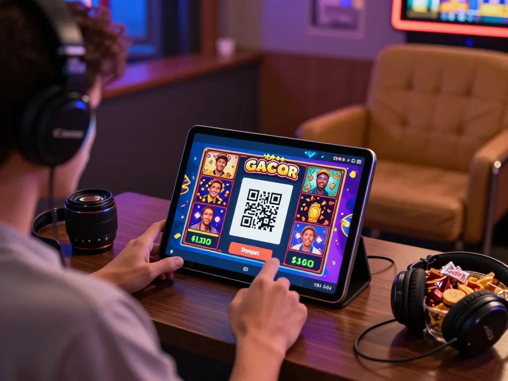 Player enjoying slot qris gaming with colorful graphics and snack bowl in immersive environment.