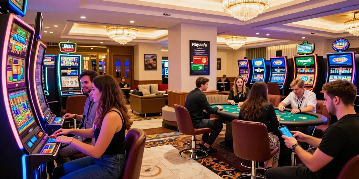 Spieler genießen die lebhafte Atmosphäre eines Paysafe Card Casinos und sind in Spielaktivitäten vertieft.
