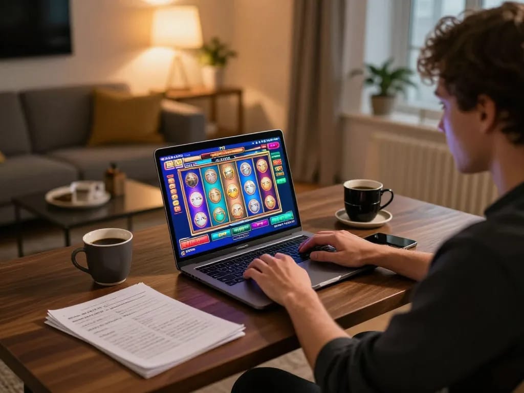 Engaged in online gaming, thabet player enjoying colorful slots on a laptop.