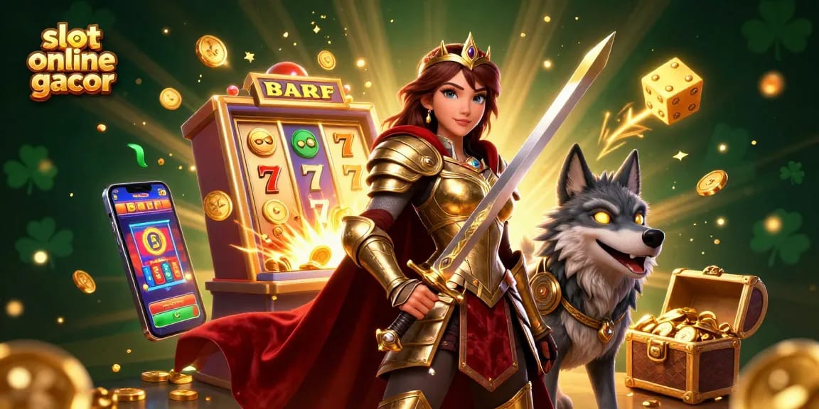 Engage with thrilling slot online gacor action, featuring a warrior queen and mystical wolf amidst jackpot excitement.
