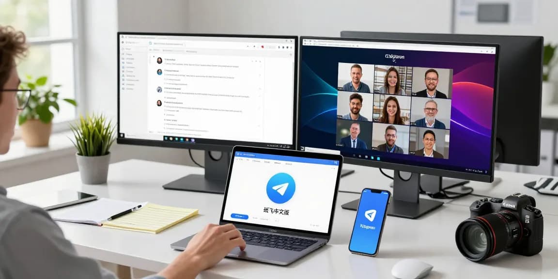 User accessing 纸飞机中文版 in a modern tech workspace with vibrant chat interfaces.