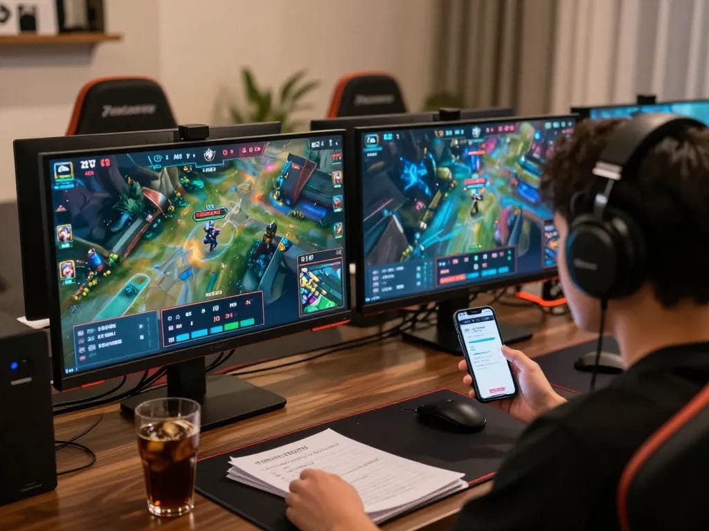 Engaged in esports betting Singapore with multiple screens showing live games and odds in a vibrant gaming setup.