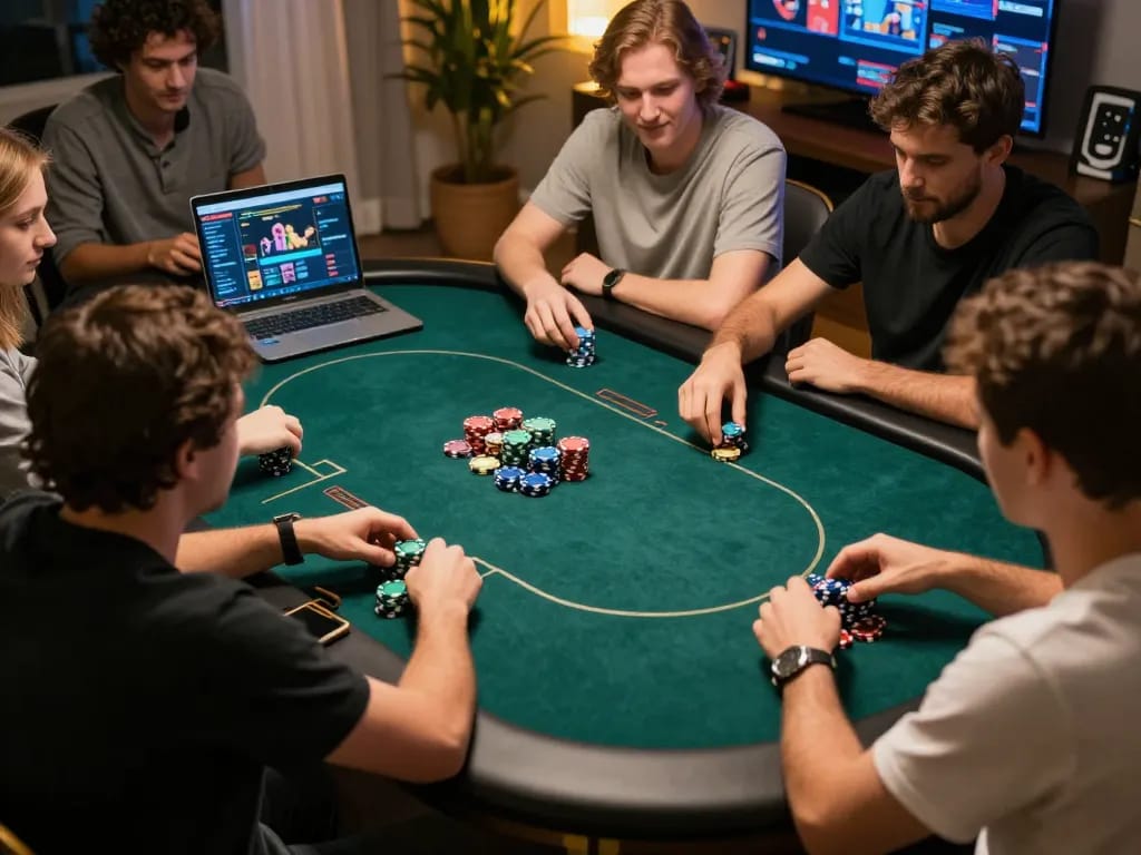 Players engaging in an exciting poker game on 789clubgo app, surrounded by colorful chips and devices