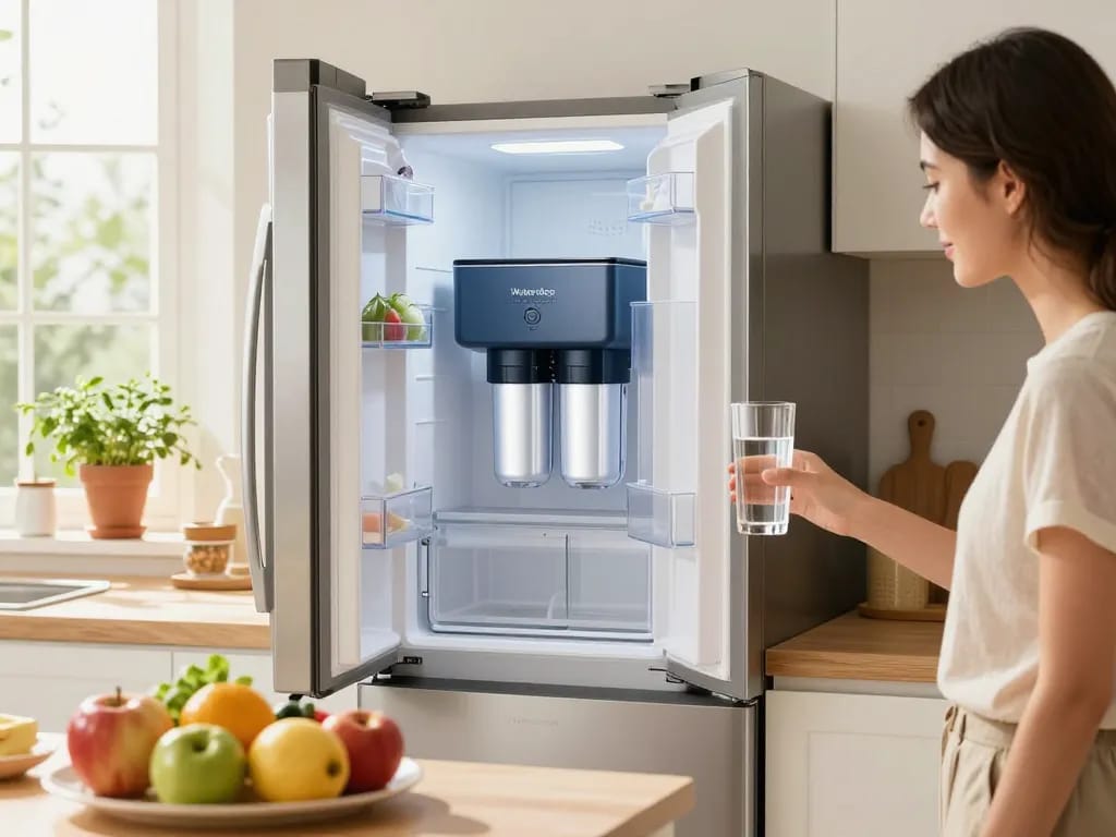 Waterdrop 5231JA2002A Refrigerator Water Filter installed in a modern kitchen, with a woman enjoying a glass of freshly filtered water.
