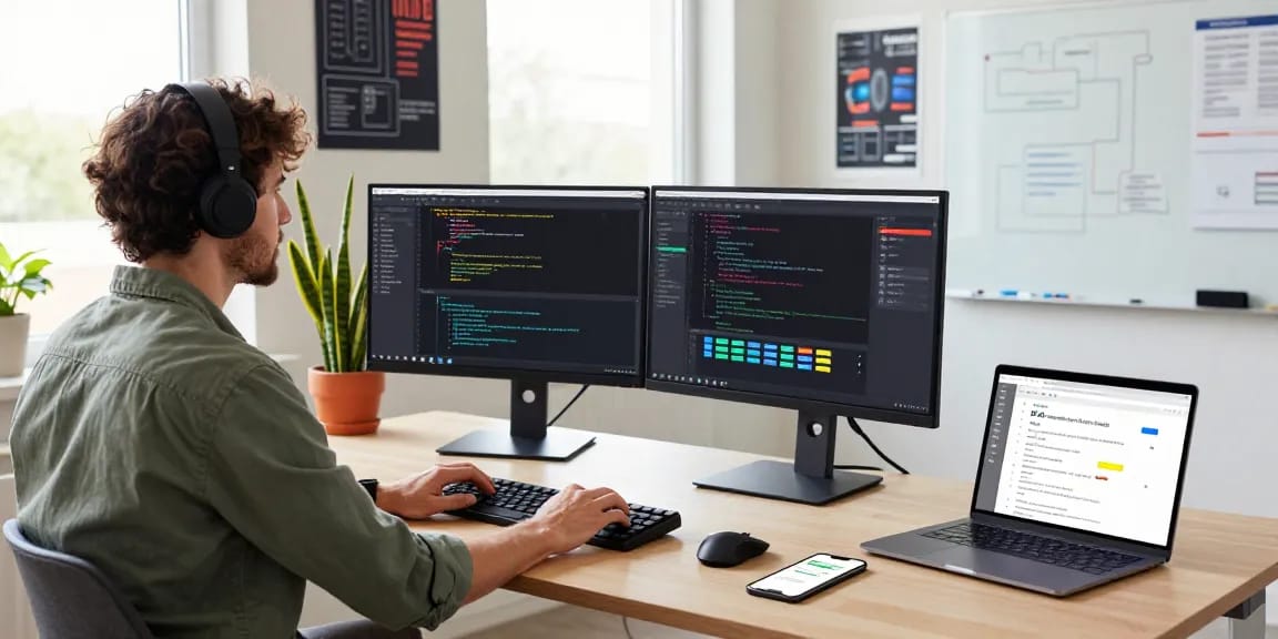 Developer utilizing open claw skill in a modern workspace with dual monitors, coding and creating applications.