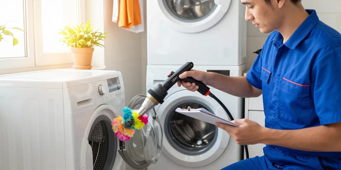 Professional dryer vent cleaning in a home laundry room, technician demonstrating care and safety.