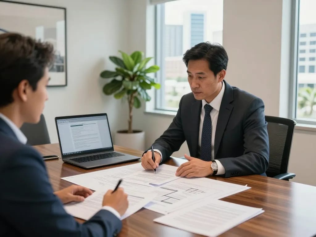Boca Raton Construction Litigation Lawyer discussing legal strategies with a contractor in a modern office