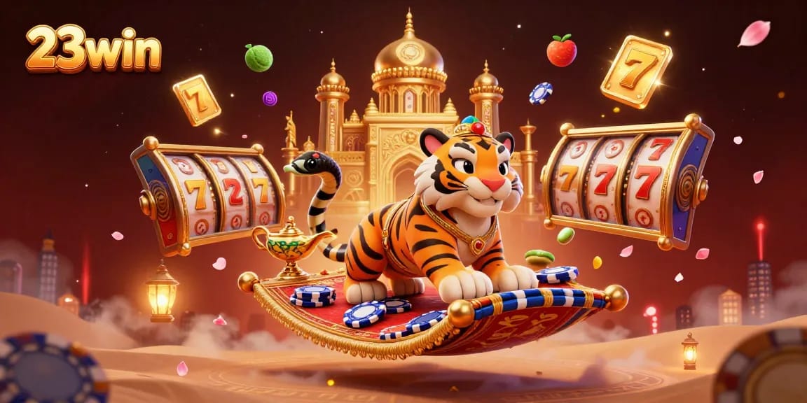 Experience thrilling gameplay with 23win's colorful slot reels, sparkling jackpot counters, and vibrant 3D characters.