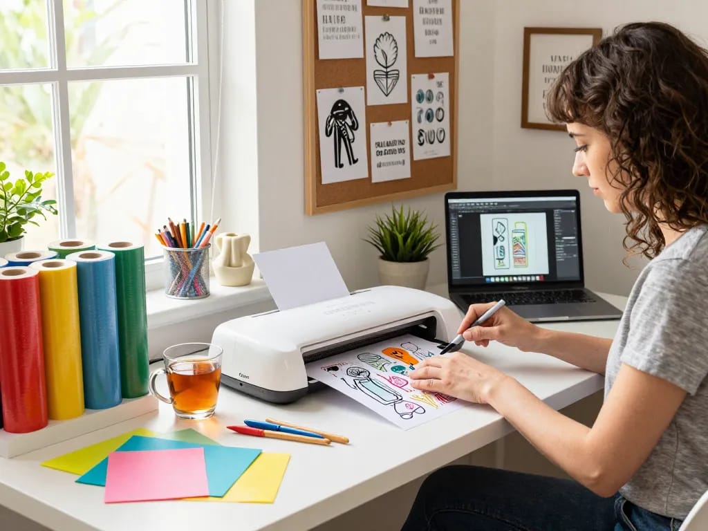 Crafting with a Cricut SVG bundle in a vibrant home studio.
