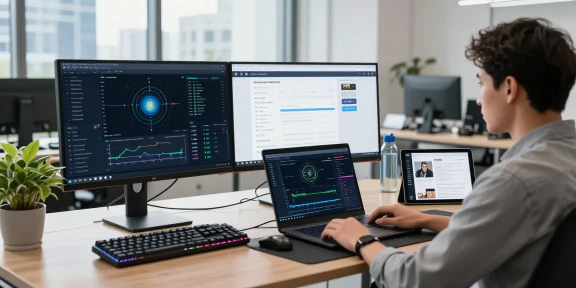 Cloud mining workspace featuring multiple screens and crypto mining tools in a modern tech office.