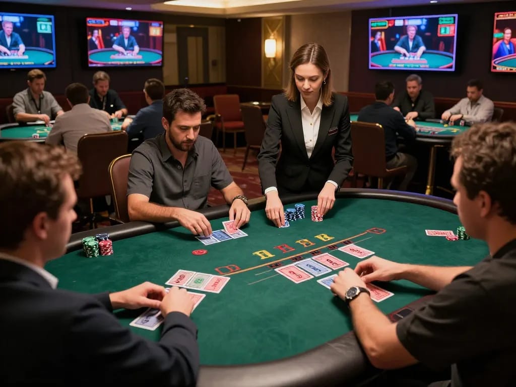 3win players strategizing in an interactive online blackjack game, with lively dealer overseeing gameplay.