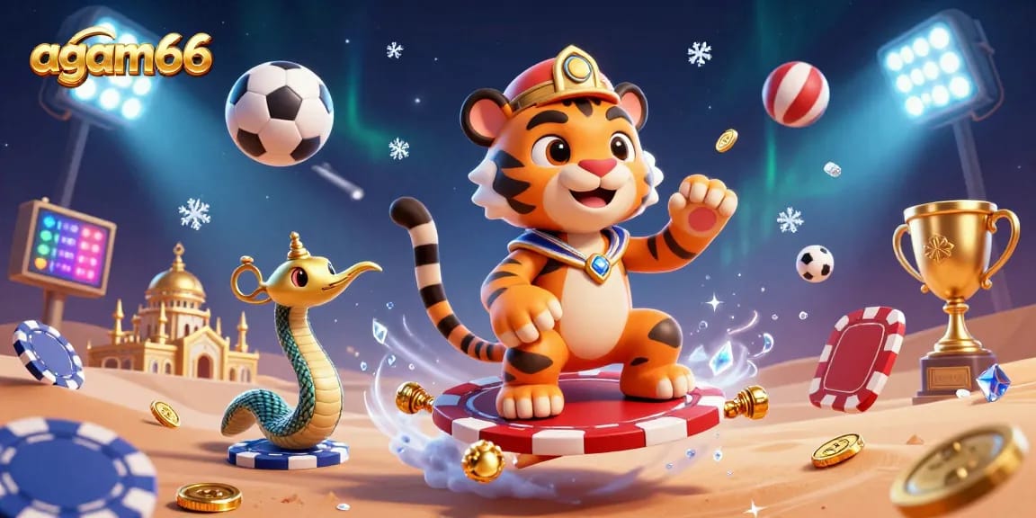 Place bets wisely at agam66 with a vibrant 3D casino illustration featuring sports elements and dynamic characters.