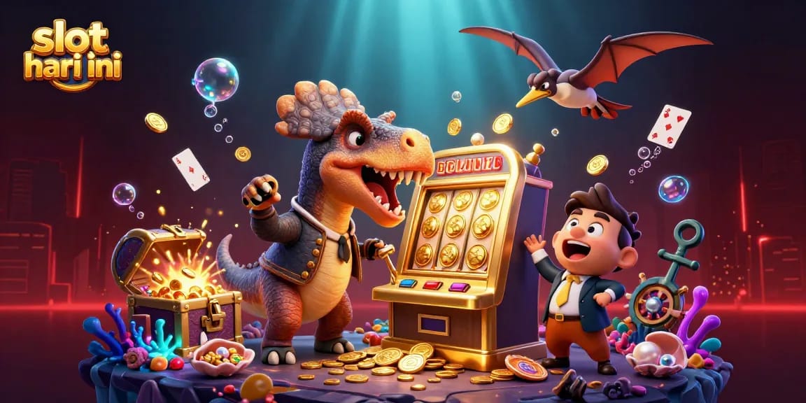 Slot hari ini: ilustrasi 3D dinosaurus mengalahkan mesin slot emas, jackpot coins berterbangan.