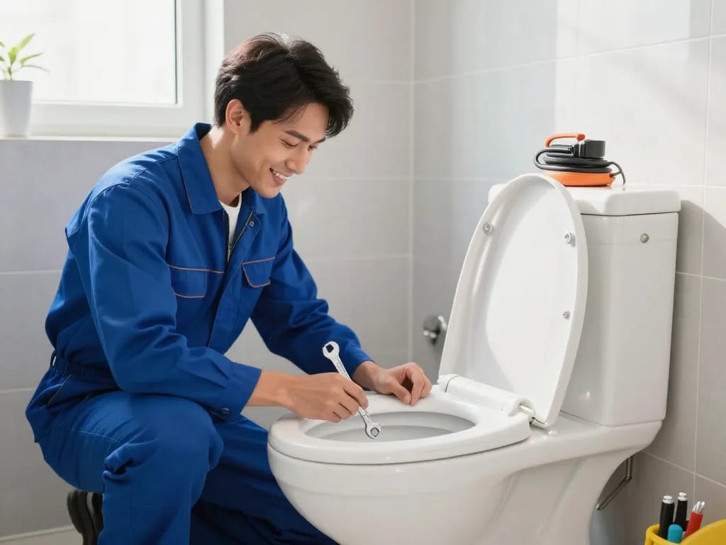 Apex Plumbing Services Sydney plumbing expert inspecting a modern toilet in a bright bathroom with tools, ensuring quality repair.
