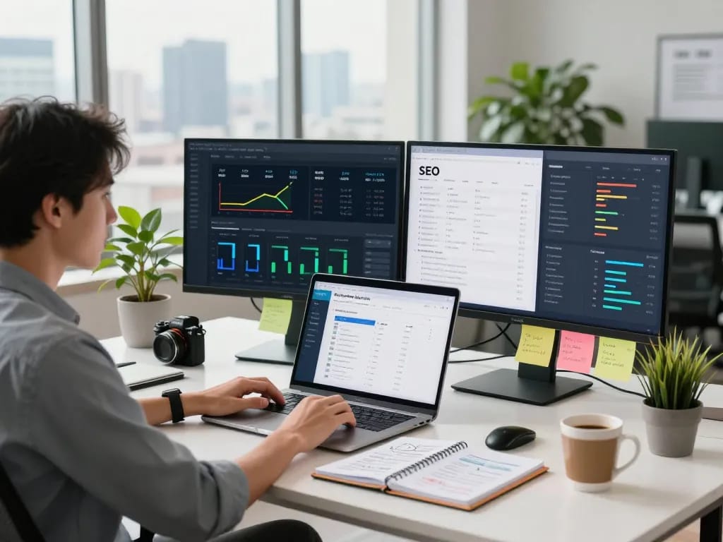 Data-driven analysis of group buy SEO tools in a bright office, showcasing a digital marketer's workspace.
