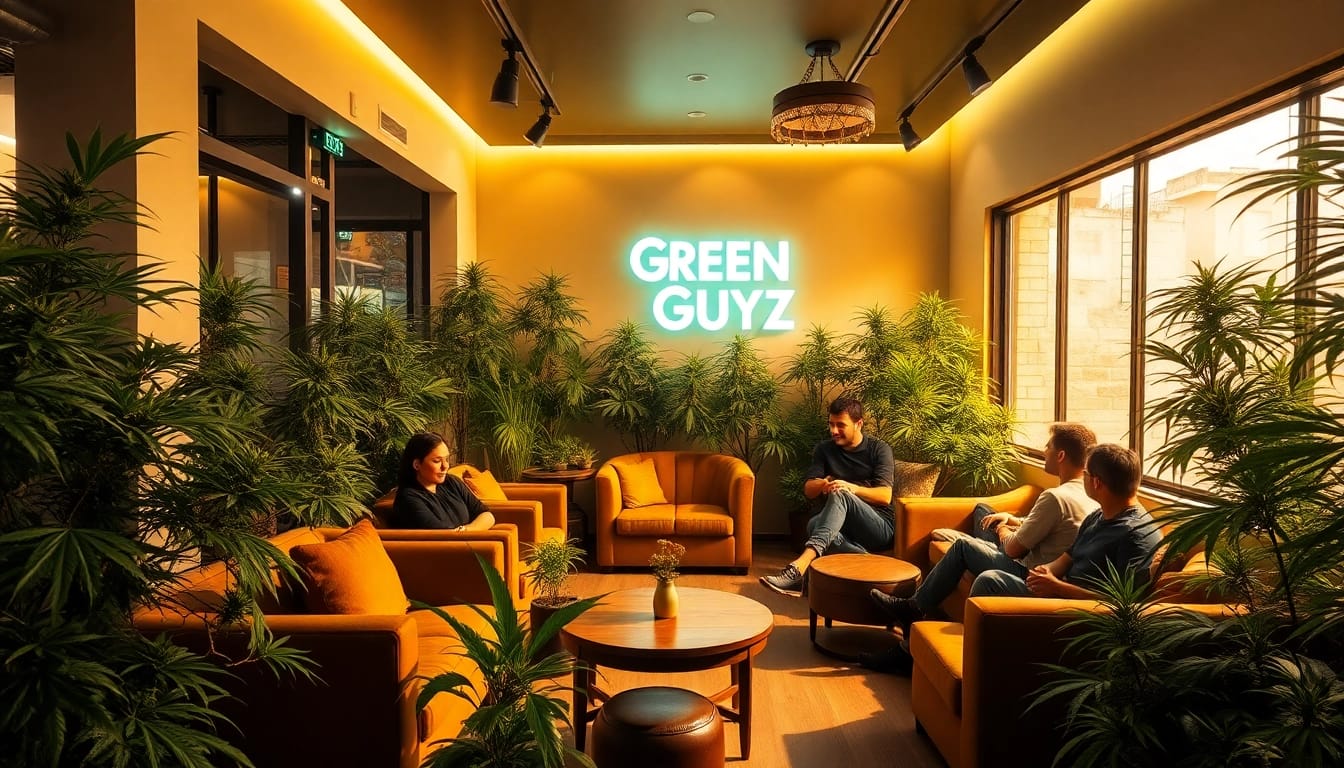 Relaxing scene at Green Guyz Cannabis Club Madrid, featuring patrons enjoying cannabis lounge ambiance.
