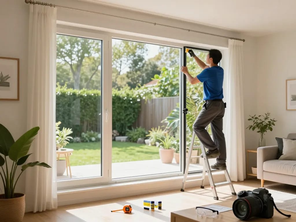 Window replacement in a bright living room with a technician sealing a new energy-efficient window.