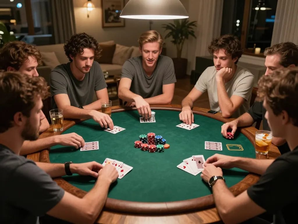 Muraibet players engaging in a friendly poker game at home, highlighting excitement and strategy.