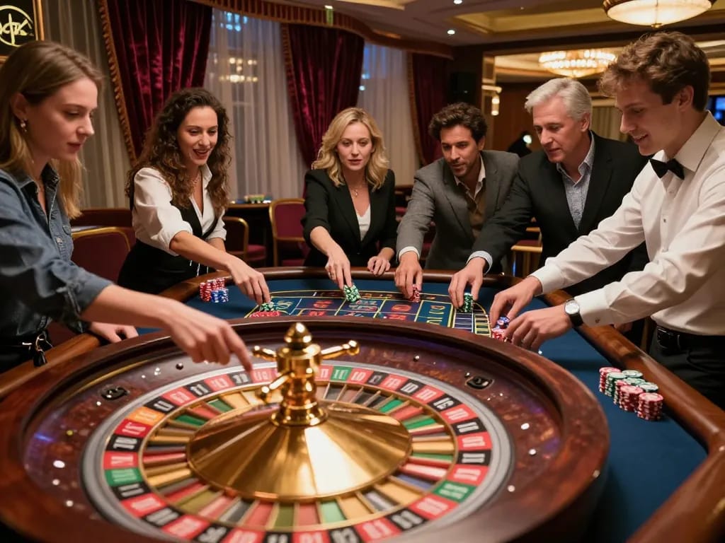 Pemain menikmati permainan roulette Jalatogel yang hidup di suasana kasino mewah