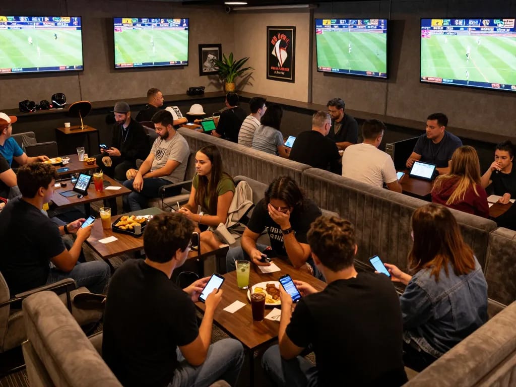 Fans excitedly placing bets on Fabet during a live sports game in a modern lounge