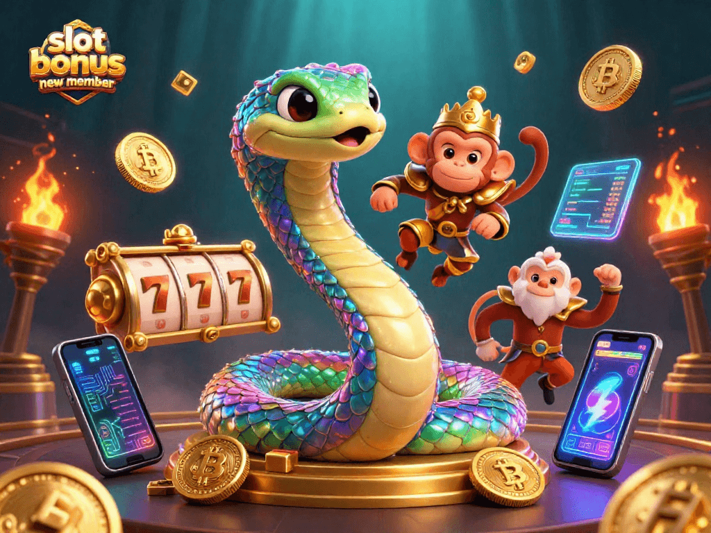 Engage with slot bonus new member excitement through a vibrant casino scene filled with slots and cryptocurrency.