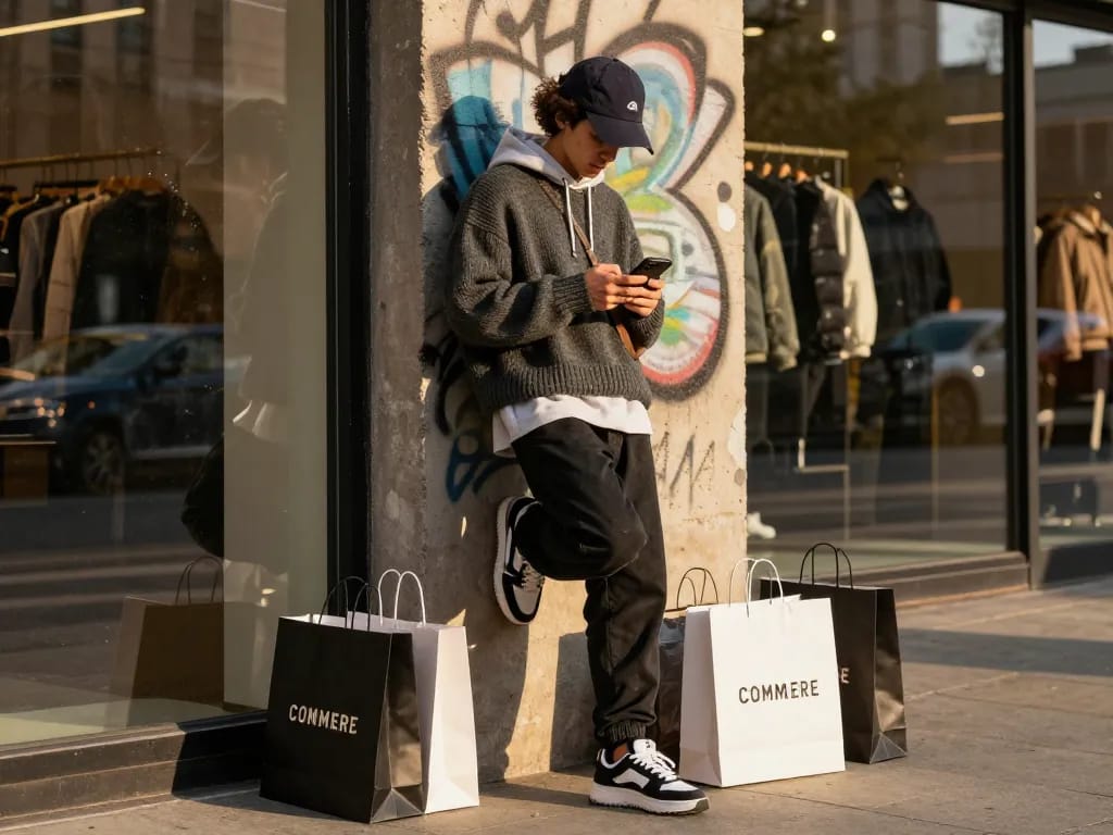 Urban lifestyle fashion montage with revelcollective.myshopify.com products showcasing casual street style.