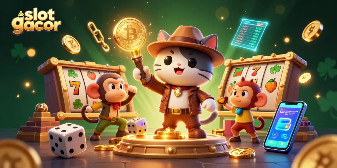 Experience the thrill of slot gacor with a 3D cartoon explorer cat discovering casino artifacts surrounded by vibrant gambling elements.