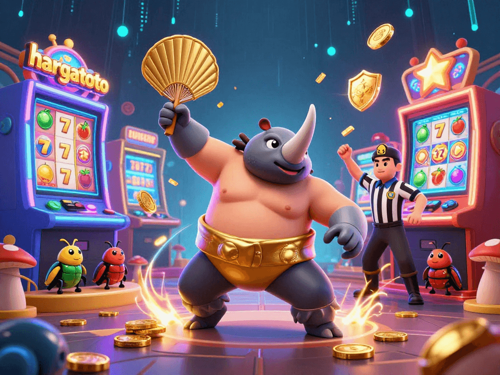Experience the excitement of hargatoto with a vibrant 3D illustration of a beetle champion surrounded by casino elements.