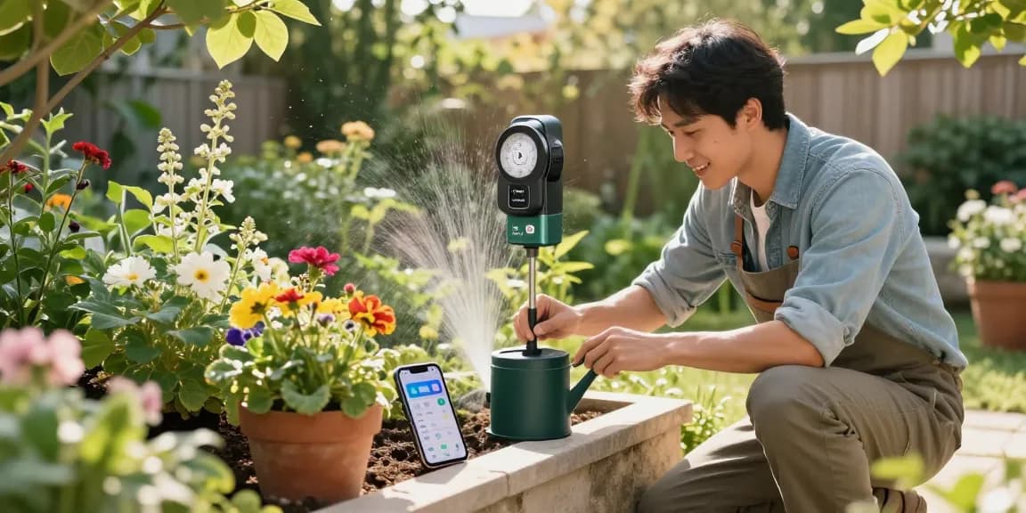 Gardener using rainpoint water timer in vibrant home garden, enhancing plant care.