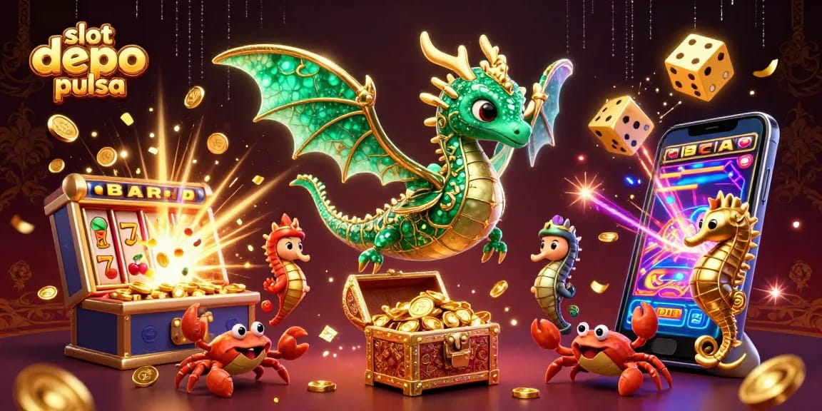 Menang besar dengan slot depo pulsa, simbol jackpot, dan elemen kasino lainnya yang menarik.