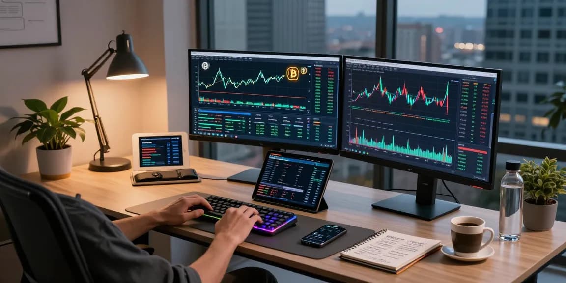 Profitable cloud mining platform highlighted in modern crypto trading workspace, featuring digital wallets, Bitcoin charts, and blockchain analytics.