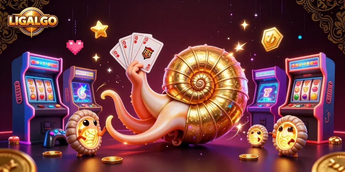 LIGALGO’s casino adventure illustrated with a golden nautilus roulette wheel and vibrant slot game elements.