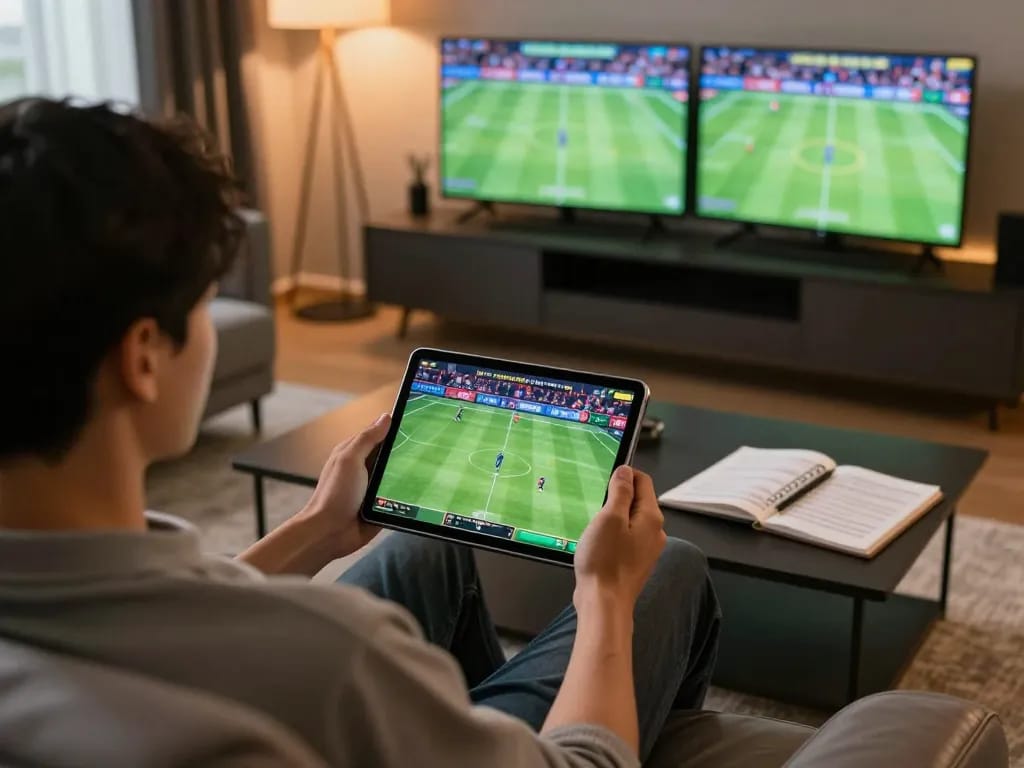 Active sports betting scene using online casinos in Canada on a tablet, comfortable home setting.