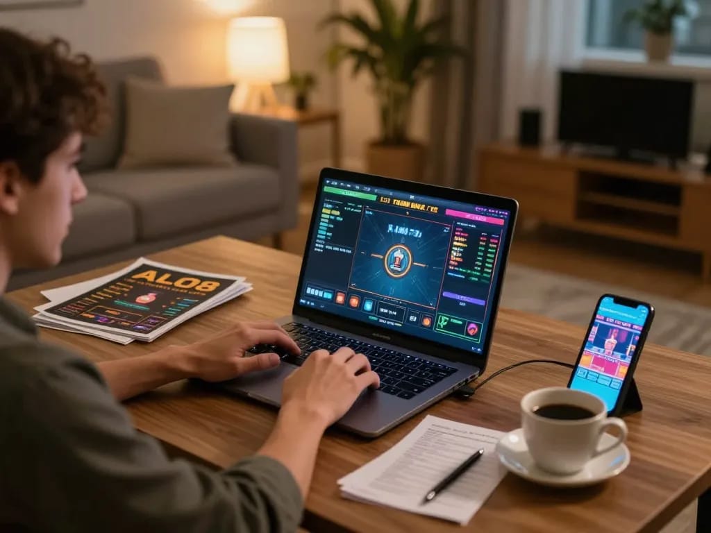Player engaged in ALO8 online gaming strategy at home, showcasing laptop and smartphone.