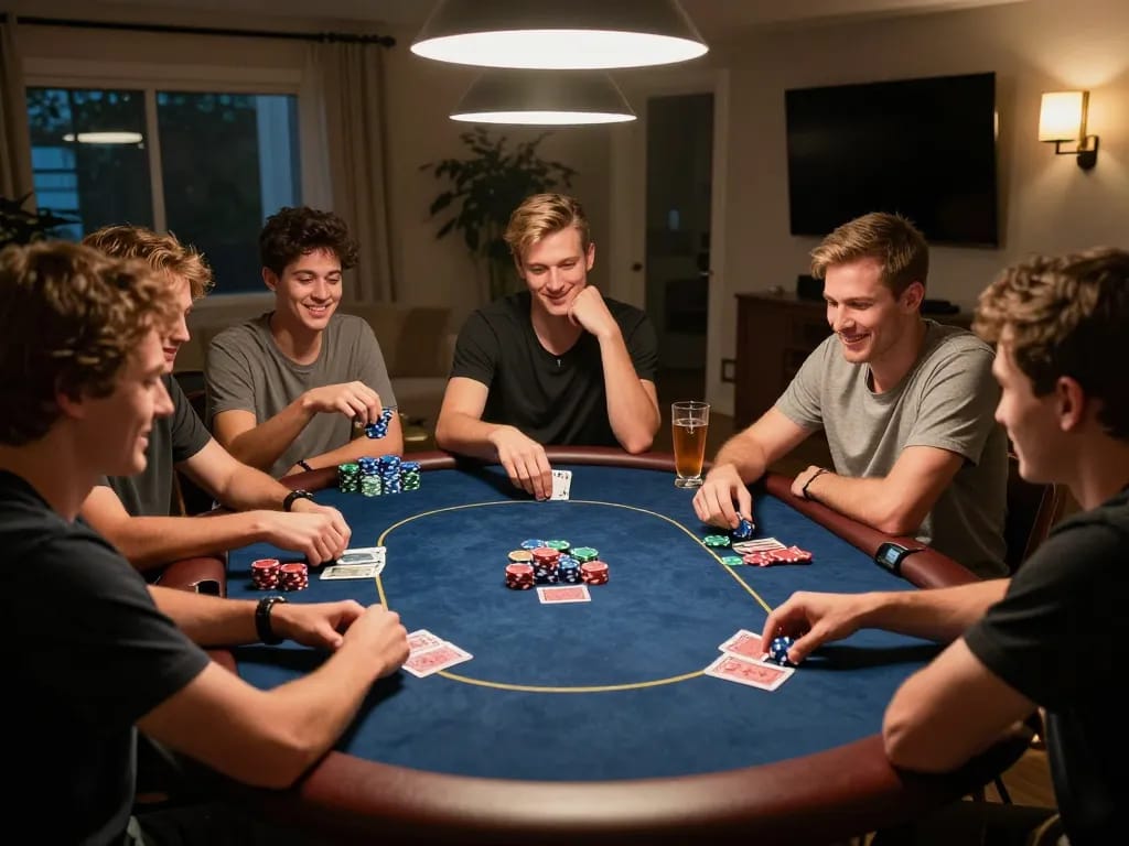 Pemain menikmati login aneka4d di malam poker rumahan yang meriah, dengan chip dan kartu berwarna-warni dalam aksi.