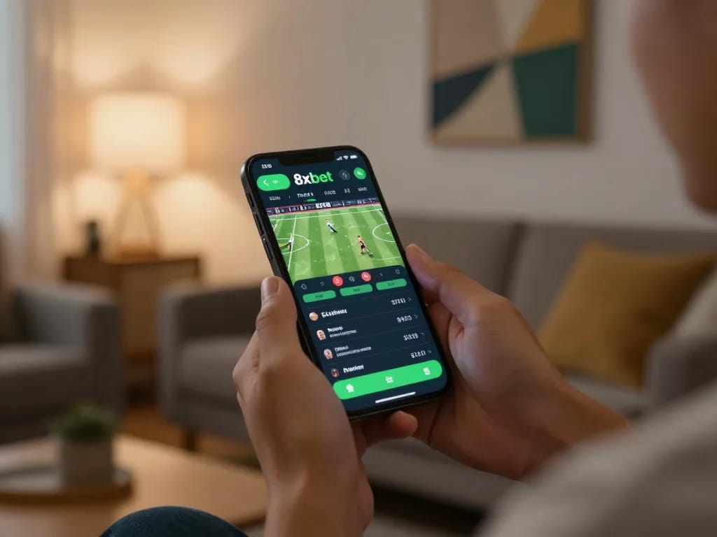 Engaging with the 8xbet app for live sports betting on a smartphone in a cozy home setting