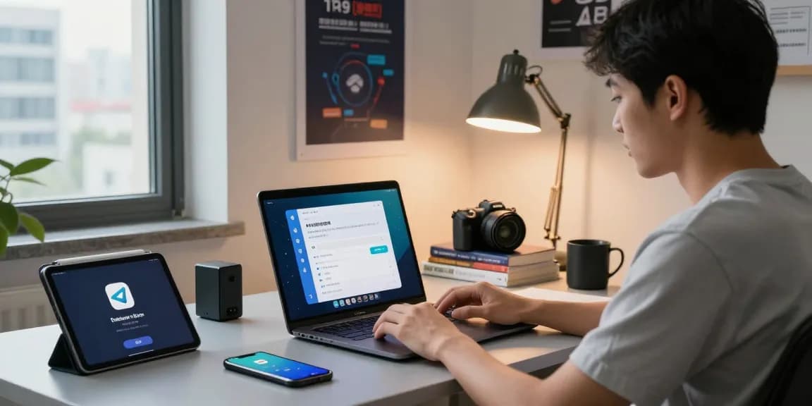 telegram china usage guide 2026 with modern home office setup featuring laptop, books, and tech devices