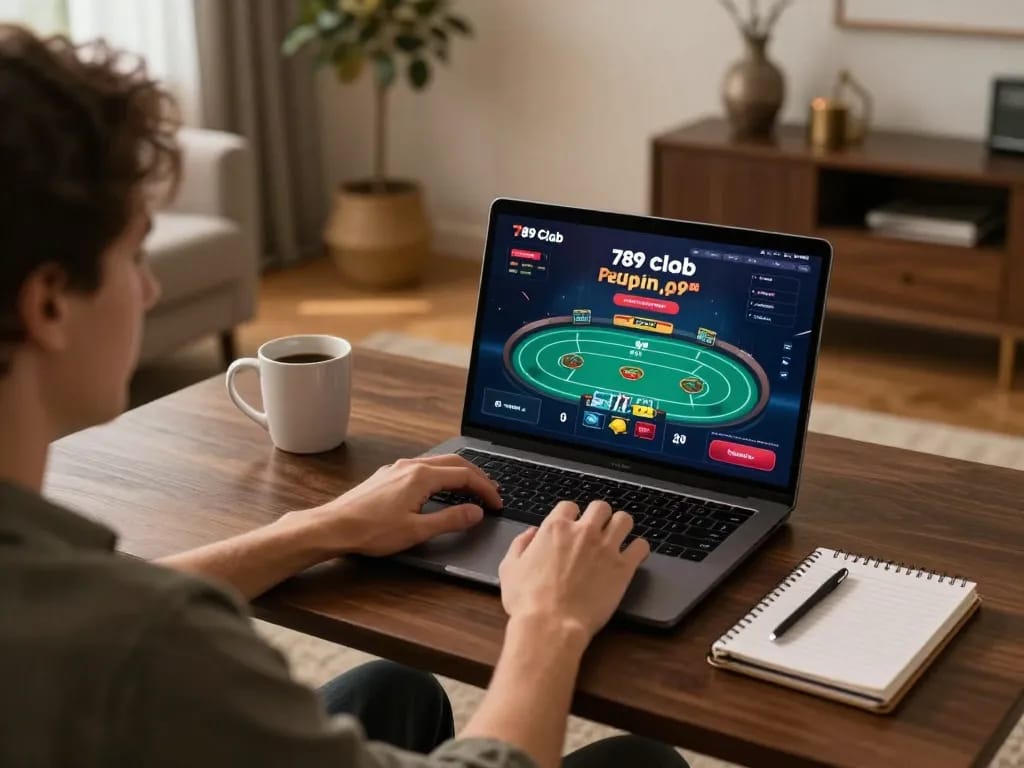 Playing poker on 789 club platform from a cozy home gaming setup.