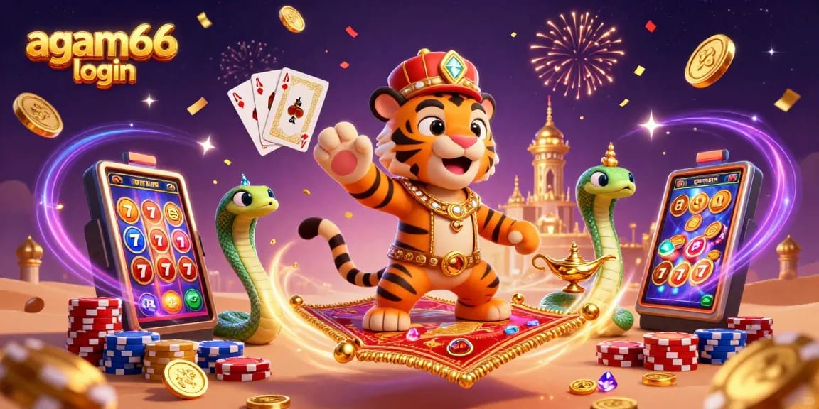 Win big with agam66 login, featuring a vibrant 3D illustration of a joyful tiger sultan and slot machines amidst dazzling riches.