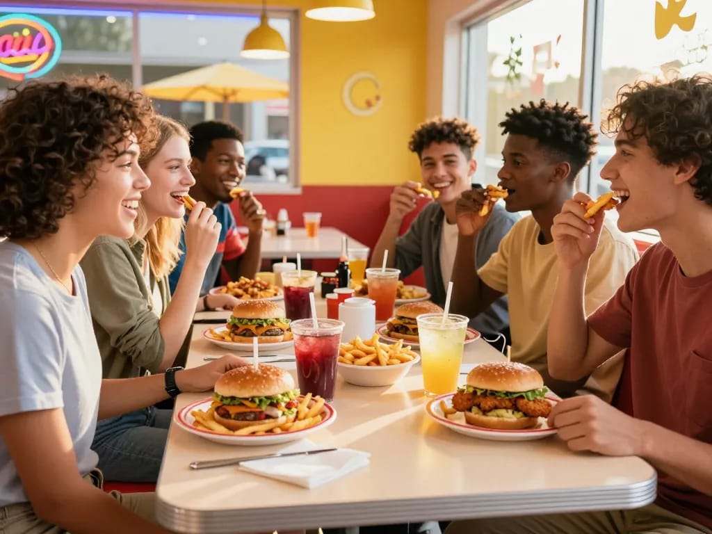 Fast food menu items like burgers and fries enjoyed by friends in a lively diner setting