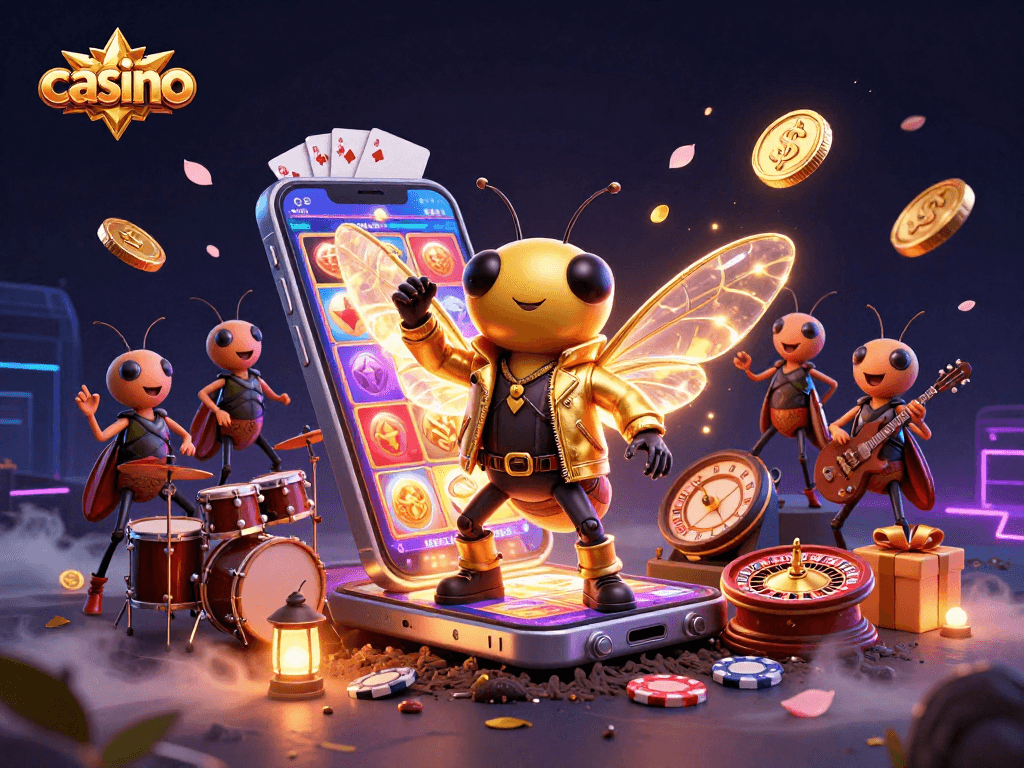 Cicada rock star performs in a vibrant casino scene with slot games and golden coins.