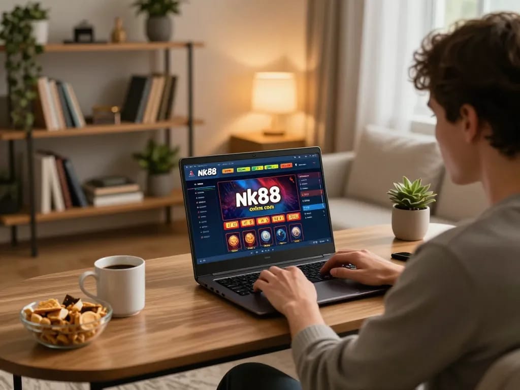Engaging online gaming at nk88 com with a player focused on laptop in comfortable home setting.