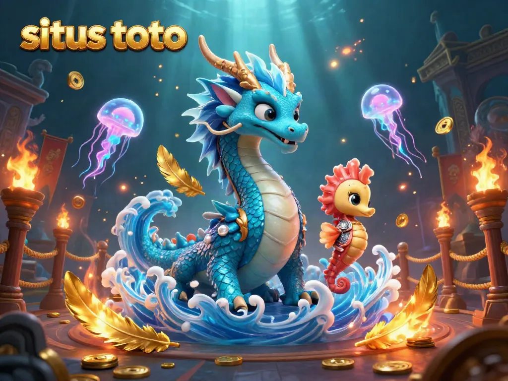 Engage with situs toto offerings using a 3D cartoon dragon, jellyfish, and seahorse in a vibrant casino scene.