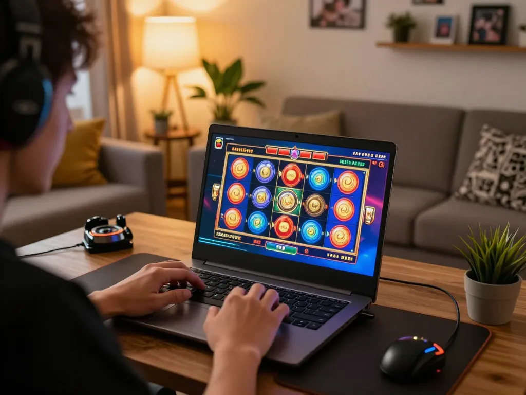 Player enjoying a slot gacor game on a laptop in cozy living room setup, showcasing vibrant gaming experience.
