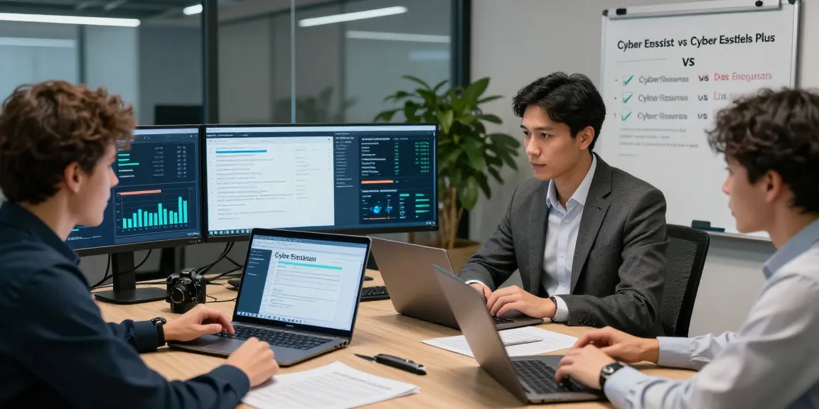 Cyber Essentials vs Cyber Essentials Plus comparison meeting in a modern office, highlighting IT security practices and teamwork.