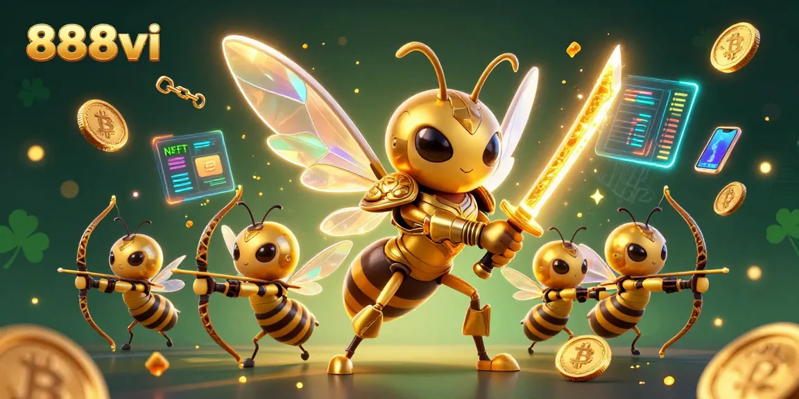 Engage with the interactive gaming experience of 888vi, featuring a dynamic 3D illustration of a gold-armored hornet and bee archers.